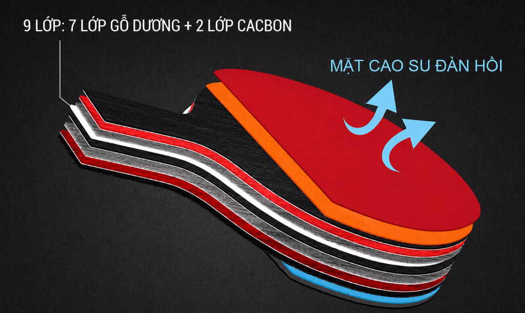 Vợt Bóng Bàn Giá Sỉ TPHCM 6 Mặt vợt có độ bám tốt, hỗ trợ tạo xoáy và kiểm soát đường bóng