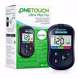 Máy đo đường huyết OneTouch Ultra Plus Flex MG và hộp sản phẩm nền trắng