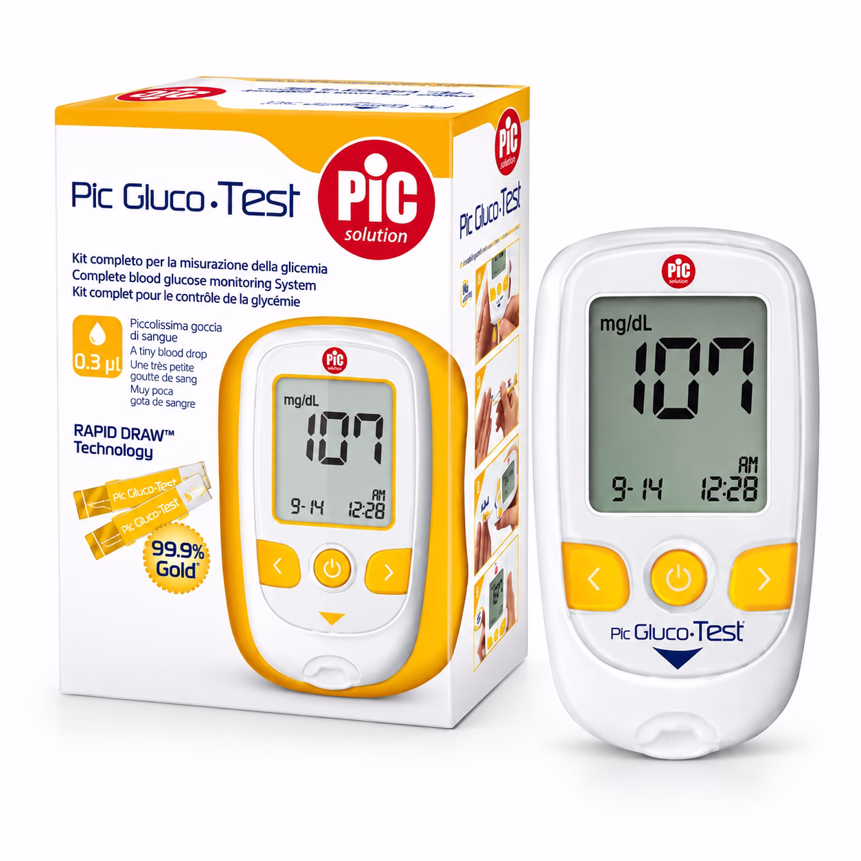 Que thử đường huyết PIC GlucoTest – Hộp 25 que, 50 que 1 Bộ máy đo đường huyết PIC GlucoTest và hộp trên nền trắng