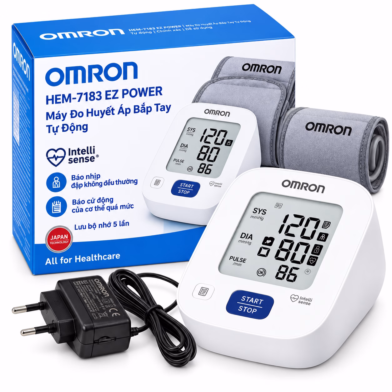 Máy đo huyết áp bắp tay Omron HEM-7183-C EZ Power 1 Máy đo huyết áp bắp tay Omron HEM-7183-C EZ Power cùng hộp, vòng bít và adapter