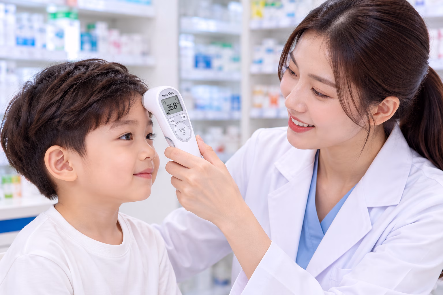 Nhiệt kế hồng ngoại Microlife NC200 5 Nhân viên blouse trắng đo trán cho trẻ bằng nhiệt kế hồng ngoại Microlife NC200