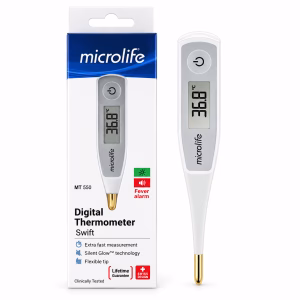 Nhiệt kế bút Microlife MT550 và hộp sản phẩm nền trắng