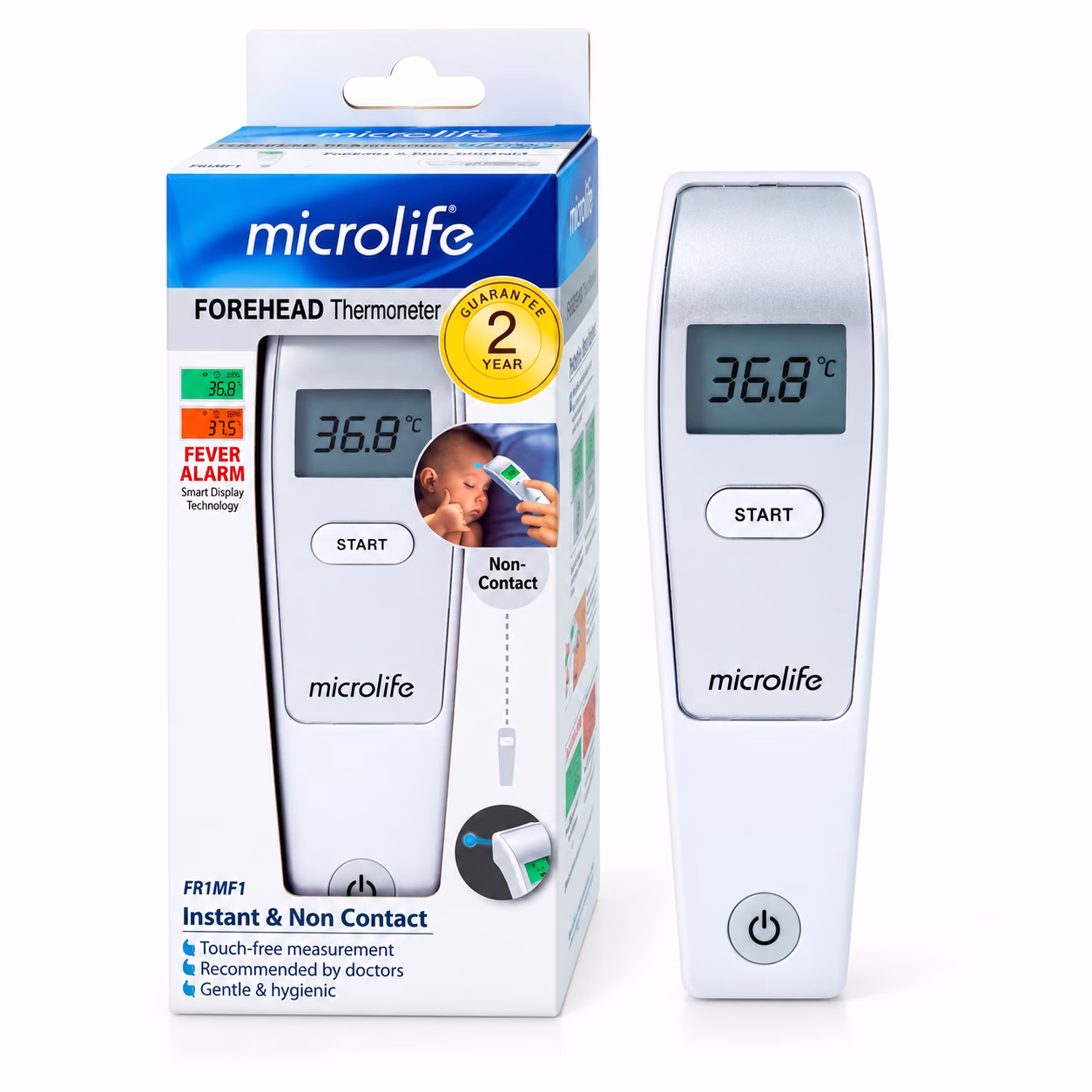 Nhiệt kế hồng ngoại đo trán Microlife FR1MF1 4 Nhiệt kế hồng ngoại đo trán Microlife FR1MF1 và hộp sản phẩm nền trắng
