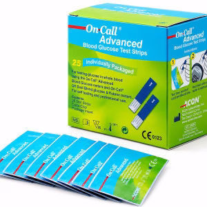 Que thử đường huyết On Call Advanced hộp 25 que nền trắng