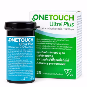 Hộp và lọ que thử đường huyết OneTouch Ultra Plus 25 que trên nền trắng