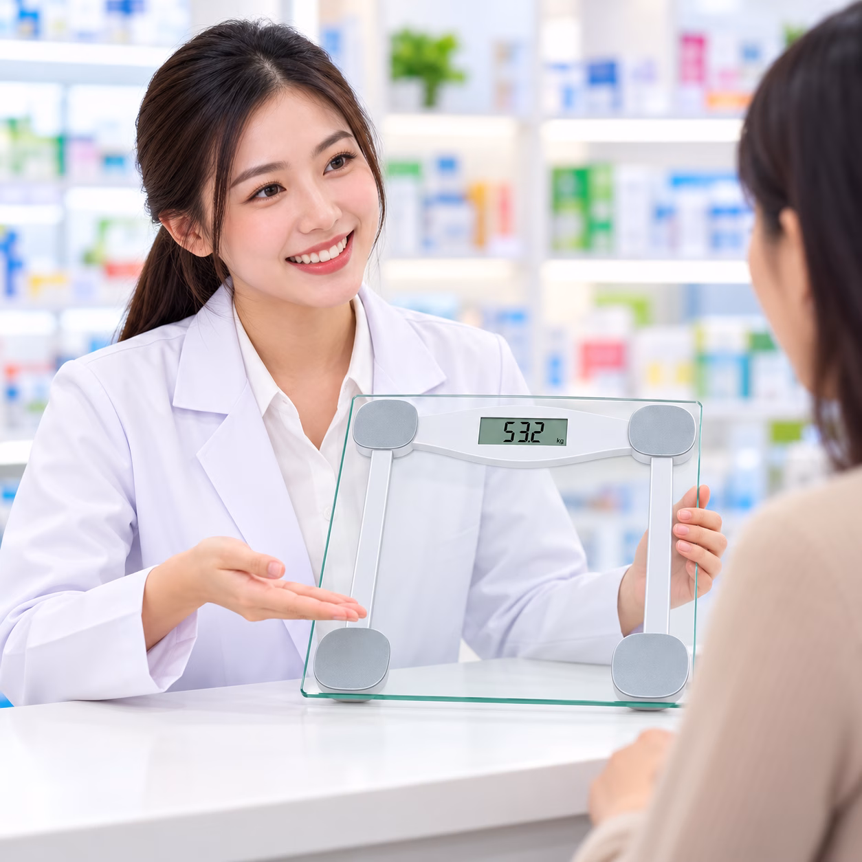 Cân điện tử Microlife WS 50A 6 Nhân viên blouse trắng tư vấn cân Microlife WS 50A tại nhà thuốc