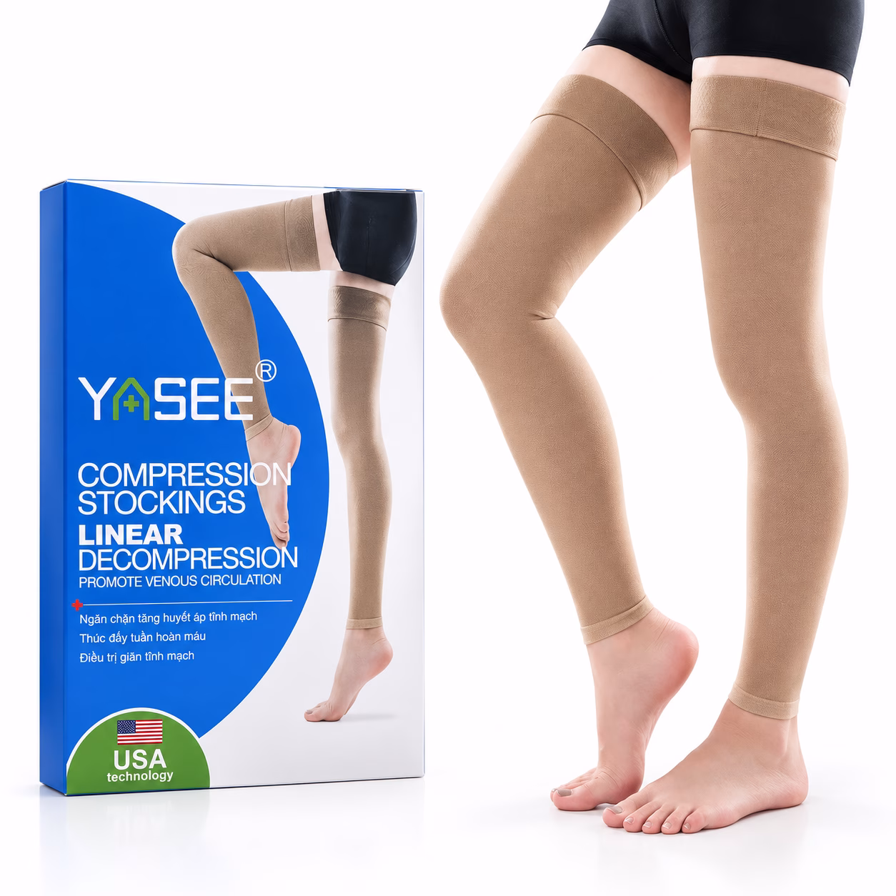 Vớ tĩnh mạch Yasee đùi không bàn chân 1 Vớ tĩnh mạch Yasee đùi không bàn chân màu da trên người mẫu cùng hộp sản phẩm nền trắng