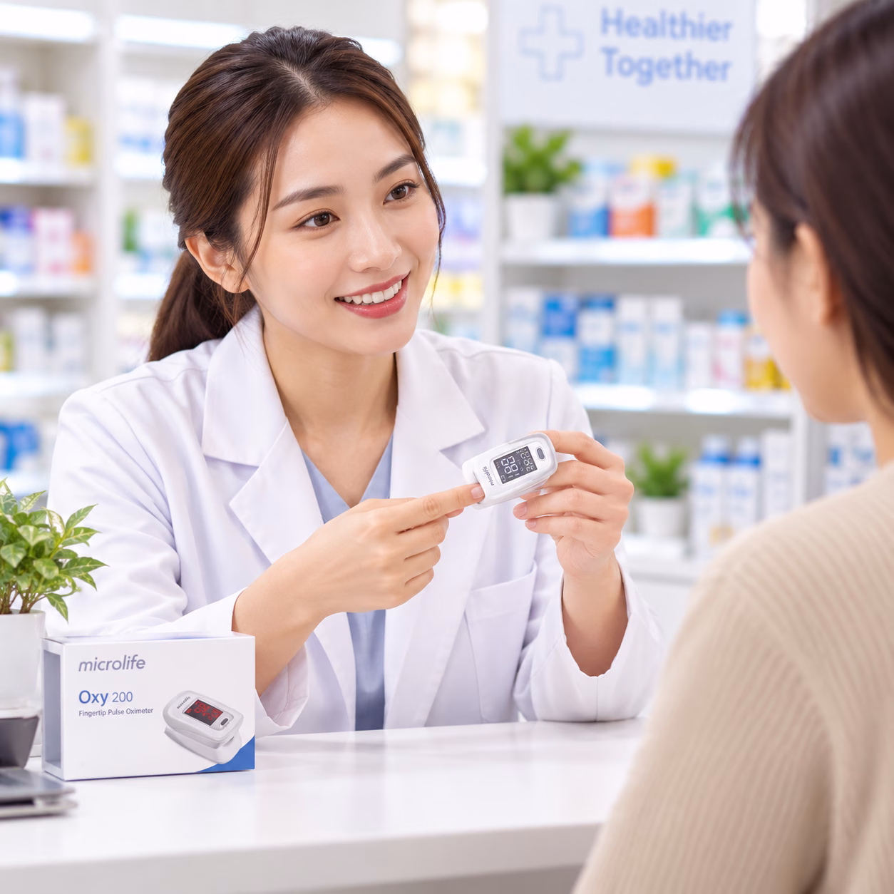 Máy đo nồng độ oxy SpO2 Microlife OXY 200 6 Nhân viên blouse trắng tư vấn máy đo SpO2 Microlife OXY 200