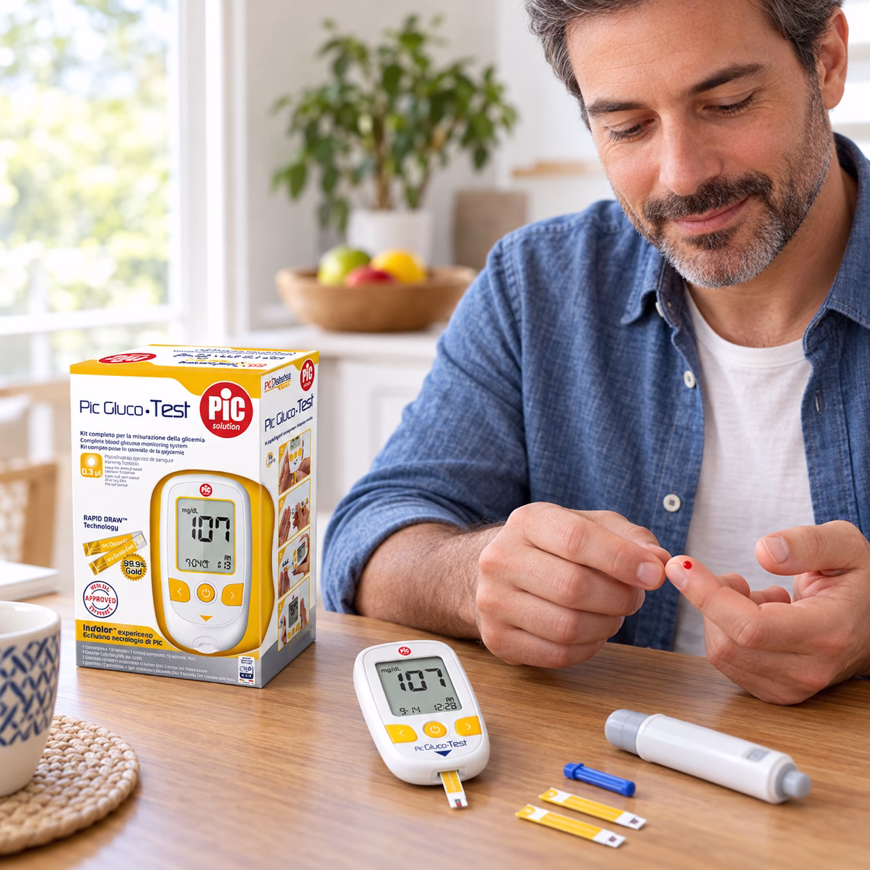 Que thử đường huyết PIC GlucoTest – Hộp 25 que, 50 que 4 Minh họa đo đường huyết bằng hệ thống PIC GlucoTest