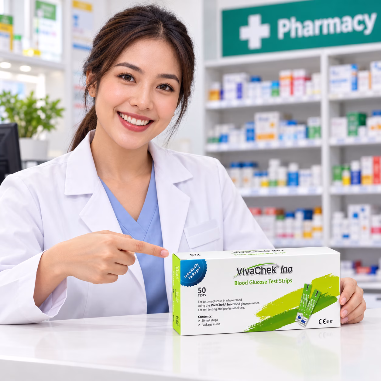 Que thử đường huyết VivaChek Ino 50 que 5 Nhân viên blouse trắng tư vấn que thử đường huyết VivaChek Ino 50 que