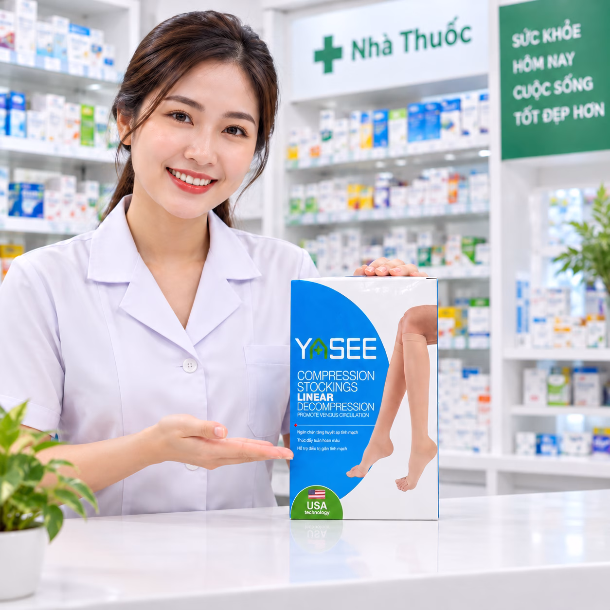 Vớ tĩnh mạch Yasee đầu gối 23–32 mmHg 5 Nhân viên blouse trắng giới thiệu hộp vớ tĩnh mạch Yasee tại nhà thuốc